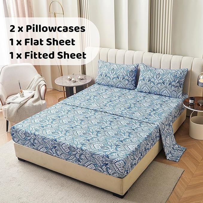 Softan Blue Paisley Printed Queen Size Sheet Set, Blue Floral Sheets Queen, Cozy Microfiber Fitted Sheet with 15" Deep Pocket & Non-Slip Straps, Flower Patterned Sheets & Pillowcase Sets