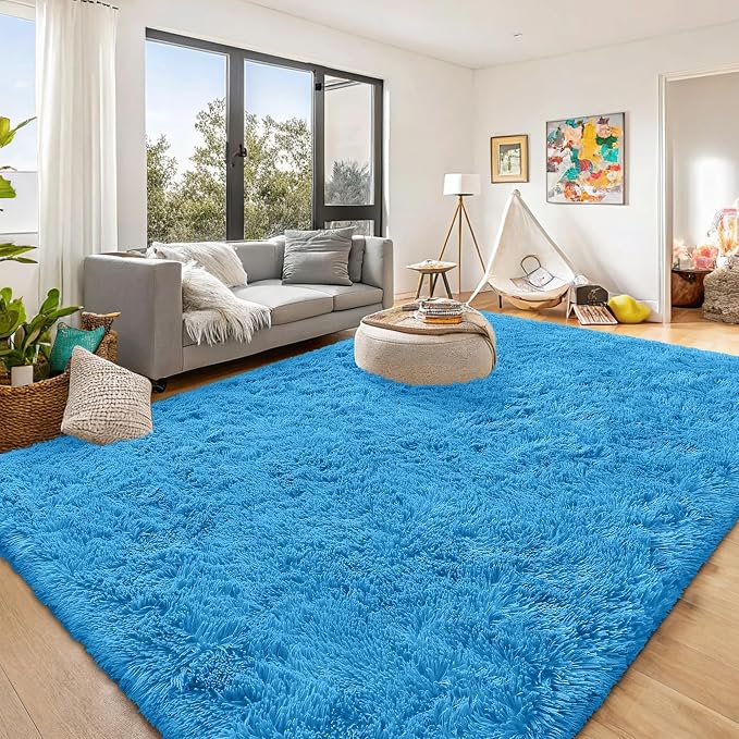 OLANLY 8x10 Machine Washable Large Area Rugs for Living Room, Bedroom, Soft Fluffy Shaggy Bedside Rug, Indoor Floor Carpet for Kids Girls and Boys, Dorms, Nursery, Home Decor Aesthetic, Bright Blue
