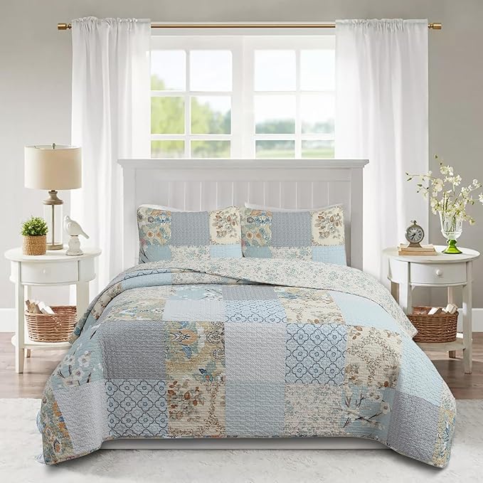 Cozy Line Home Fashions 100% Cotton Classic Patchwork Bedding Quilt Set, Blue Gray Teal Taupe Floral Bohemian Style Reversible Bedspread Coverlet (Carolina Bloom, King - 3 Piece)
