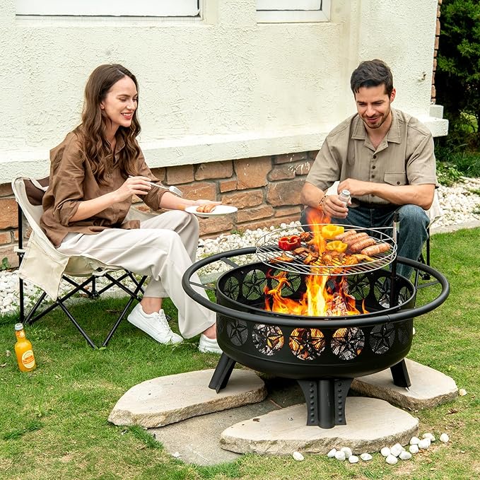 Verdeluxe 38” Wood Burning Fire Pits for Outside,3-in-1 Fire Pit with Grill, Spark Screen & Fire Poker,Outdoor Firepit Table with Swivel Cooking Grate for Yard BBQ Bonfire Patio Camping (38 inch)
