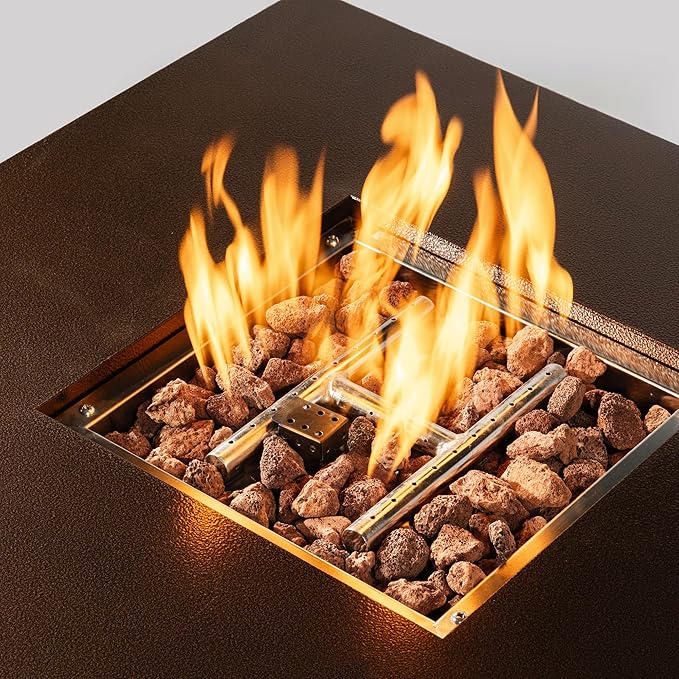 28" Propane Gas Fire Pit Table, 50000 BTU Imitation Wood Grain Finish Square Fire Pit with Lid & Volcanic Stones 2 in 1 Fire Pit Table Rock for Outside Patio Deck Garden Courtyard