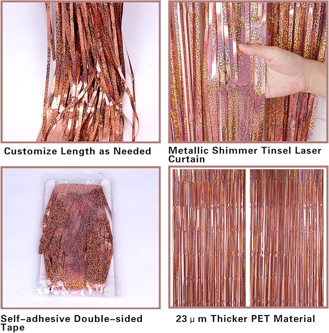 2 Pack 3.2ft x 8.2ft Rose Gold Foil Fringe Curtain Backdrop, Metallic Tinsel Foil Fringe Streamer Curtains Photo Booth Props, Ideal for Bachelorette Birthday Christmas New Year Party Decorations
