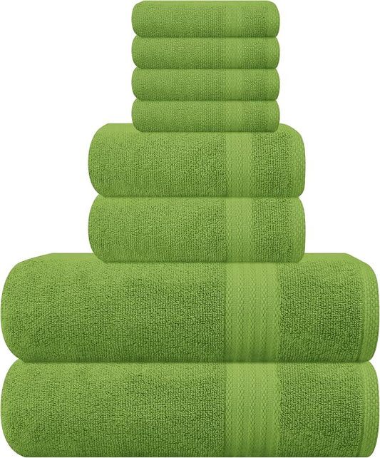 GLAMBURG Ultra Soft 8-Piece Towel Set - 100% Pure Ringspun Cotton, Contains 2 Oversized Bath Towels 27x54, 2 Hand Towels 16x28, 4 Wash Cloths 13x13 - Ideal for Everyday use, Hotel & Spa-Kiwi Green