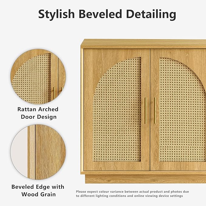 FORTUNETEC Sideboard Buffet Cabinet with Storage Set of 3, Modern Accent Cabinet with Rattan Arched Doors, Modular Media Console, Boho Credenza for Living Room Kitchen Dining Room Entryway, Oak