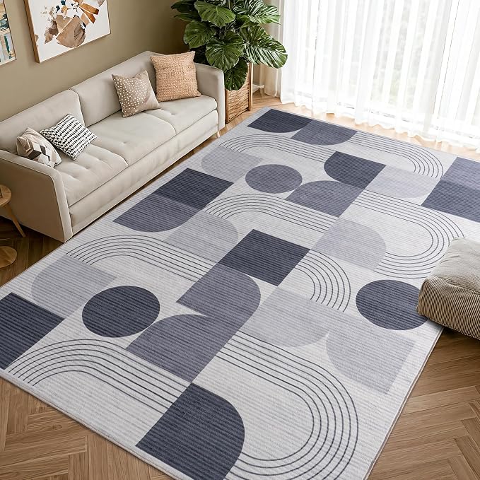 Large Machine Washable 6x9 Area Rug, Soft Modern Geometric Abstract Grey Rugs for Bedroom Living Room, Non-Shedding Faux Wool Indoor Throw Floor Carpet for Office Entryway Dining Room Decor