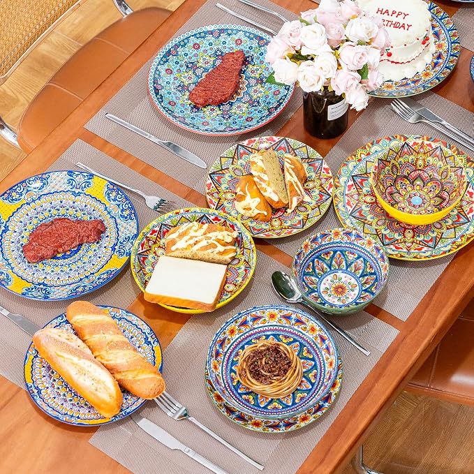 Plates and Bowls Set, Service for 4, 16 Pieces Ceramic Dinnerware Set, Microwave and Dishwasher Safe, Scratch Resistant, Bohemian Style Plates Set for Salad, Pasta, Dessert, Appetier