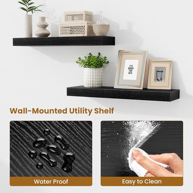 Fun Memories Floating Shelves Set of 2, 24 Inch Floating Shelves for Wall, Wood Wall Shelves with Invisible Brackets, for Bathroom, Bedroom, Living Room, Kitchen, Black