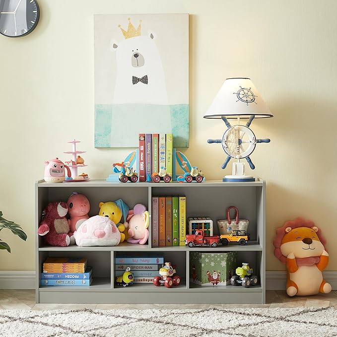 Kids Toy Storage Organizer, 5-Section Storage Cabinet for Organizing Books Toys, Wooden Bookshelf Daycare Furniture for School, Classroom Playroom, Nursery, Kindergarten (Gray)