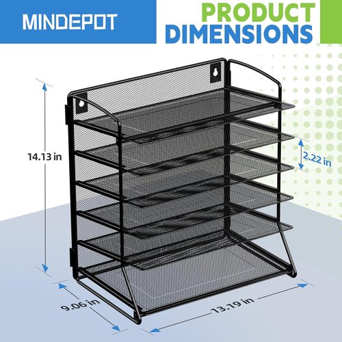 MINDEPOT 6-Tier Paper Tray Desk Organizer - Extra Thick Metal A4/Letter Size File Holder for Office & School