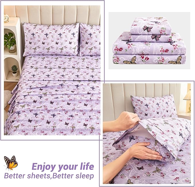 Softan Purple Floral Bed Sheets Full, Paisley Flower Printed Sheet Set, Cozy Microfiber Fitted Sheet with 15" Deep Pocket & Non-Slip Straps, Butterfly Patterned Sheets & Pillowcase Set