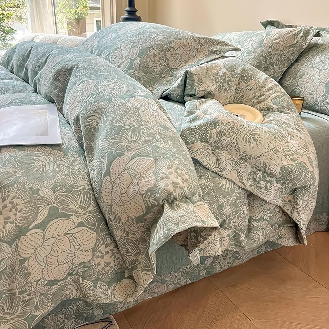 VM VOUGEMARKET Jacquard Flower Duvet Cover King with 2 Pillow Shams,Sage Green Bedding Set,Soft Breathable Yarn-Dyed Cotton Comforter Cover with Zipper Closure-King