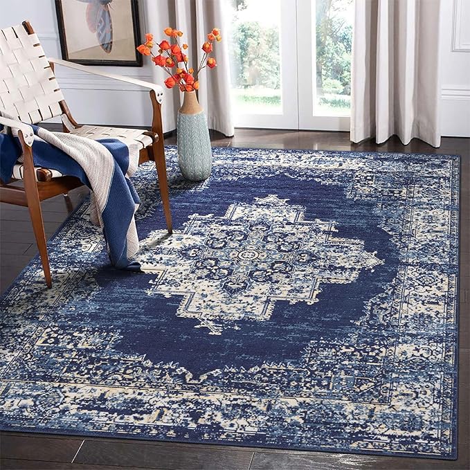 vivorug Round Rug 5ft Vintage Round Area Rug Non-Slip Indoor Carpet for Living Room Bedroom Entryway, Stain Resistant Home Decor Circle Rug, Navy Blue