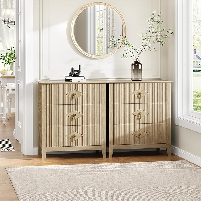 GarveeHome 2Pcs Wood Nightstand Fluted Dresser for Bedroom, 27.5" Wide 3-Drawer Bedside Tables, Modern Chest of Drawers, Storage End Table Living Room, Hallway, Entryway, Natural Oak