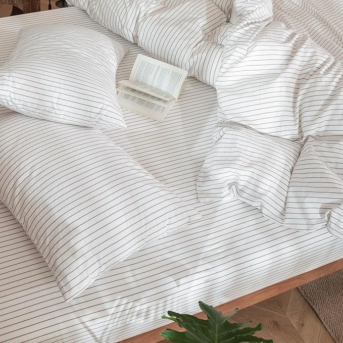MooMee Striped Duvet Cover Set 100% Washed Cotton Linen Like Textured Breathable Durable Soft Comfy (White Orange Wide Stripes, Queen 90"x90")