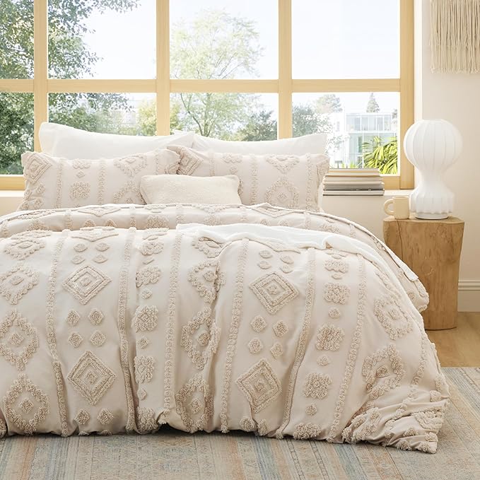 Bedsure Boho Duvet Cover King - Beige Tufted Boho Bedding, Farmhouse Shabby Chic Embroidery Bedding for All Seasons, 3 Pieces, 1 Soft Jacquard King Comforter Cover and 2 Pillow Shams