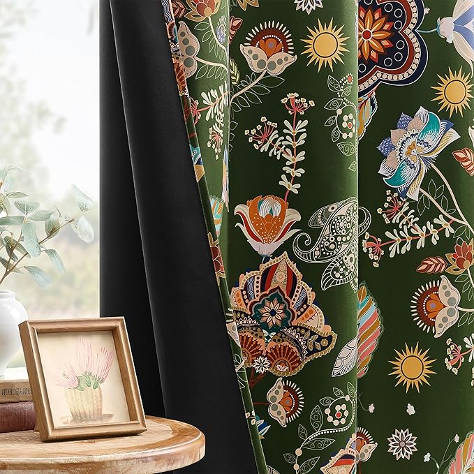 XiDi Green Floral Curtains 102 Inches Long 2 Panels Vintage Patterned Blackout Curtains for Living Room Thermal Insulated Grommet Luxury Cottage Core Botanical Printed Drapes Moss Green 52x102