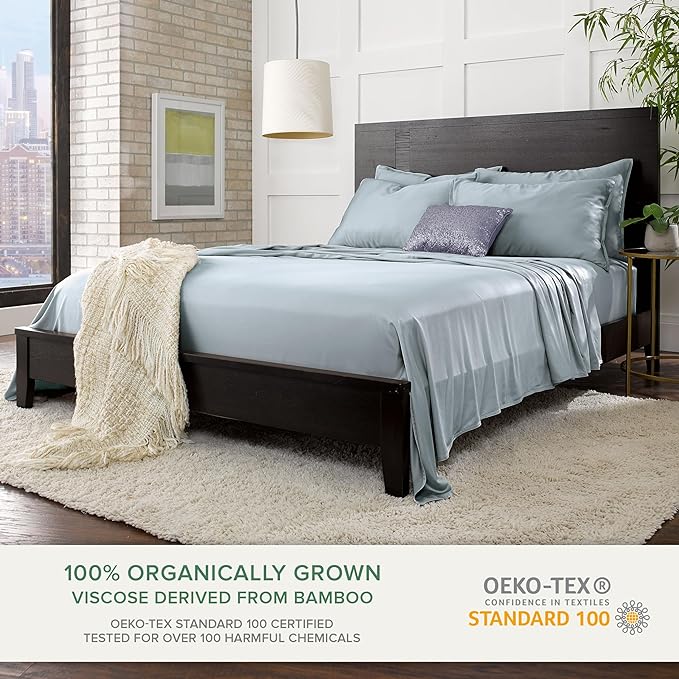 Pure Bamboo King Sheets, Genuine 100% Organic Viscose Derived from Bamboo Bed Sheet Set, Luxuriously Soft & Cooling, Double Stitching, 2 Year Quality Promise (King, Sterling Blue)