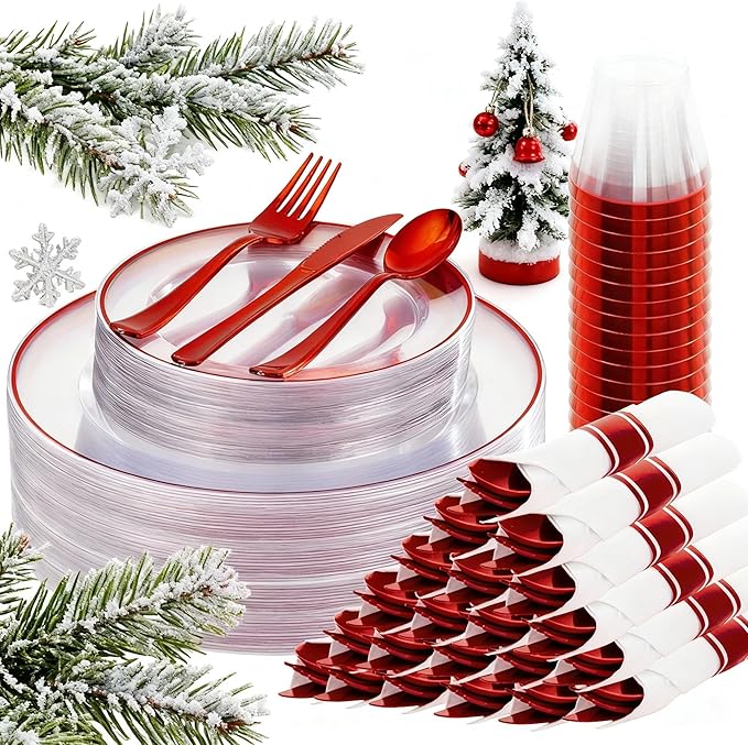 SUT 175 Pcs Red and Clear Plastic Dinnerware Set for 25 Guests, Include: 25 Dinner Plates, 25 Dessert Plates, 25 Pre Rolled Napkins With Silverware, 25 Cups, Disposable Plates for Party, Christmas