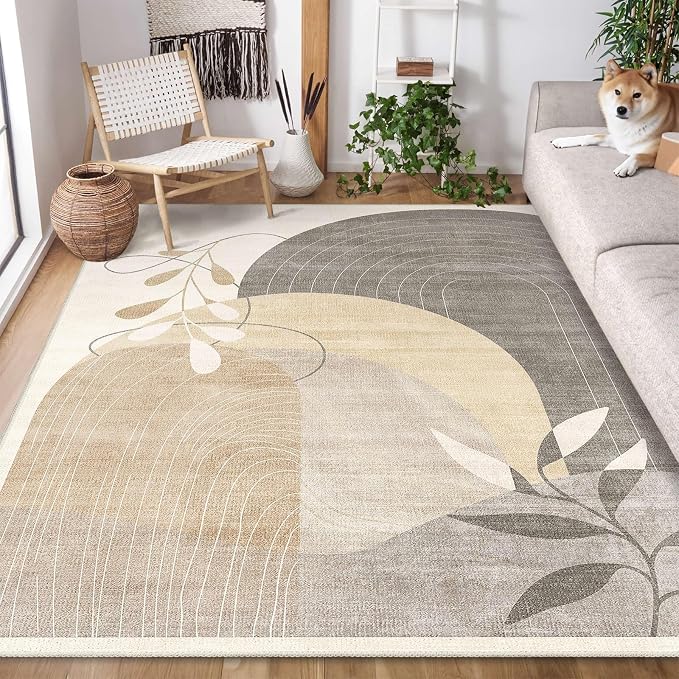 MUJOO 5x7 Area Rugs for Bedroom Living Room,Boho Washable Rug Non Slip Throw Carpet for Office Dining Room Indoor Mid Century Modern Abstract Botanical Geometric Accent Neutral Beige