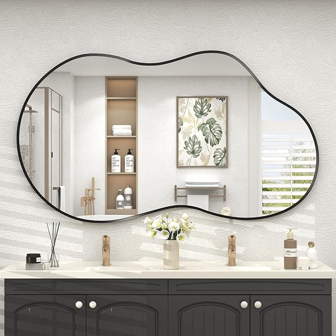 48x27 Black Irregular Wall Mirror, Black Matte Asymmetrical Bathroom Mirror, Decorative Aluminum Frame for Bathroom Bedroom Entryway, Shatterproof, Anti-Rust (Horizontally/Vertically)
