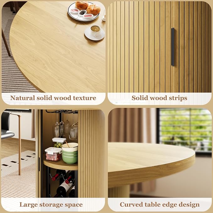 Wildhome Round Dining Table for 2-4, 31 Inch Dining Room Kitchen Table with 2-Tier Storage Shelf & Wine Rack, Modern Farmhouse Fluted Wood Slide Door Dinner Furniture,Circle(Non scalable-32 Inch-Oak)