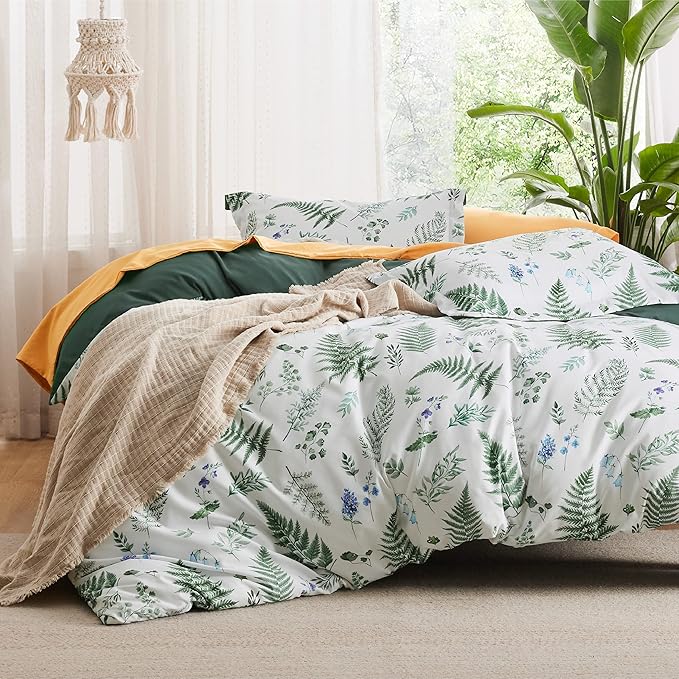 Bedsure Duvet Cover Queen Size - Reversible Plants Duvet Cover Set with Zipper Closure, 3 Pieces Green Bedding Set with 8 Corner Ties and 2 Pillow Shams 20"x26"