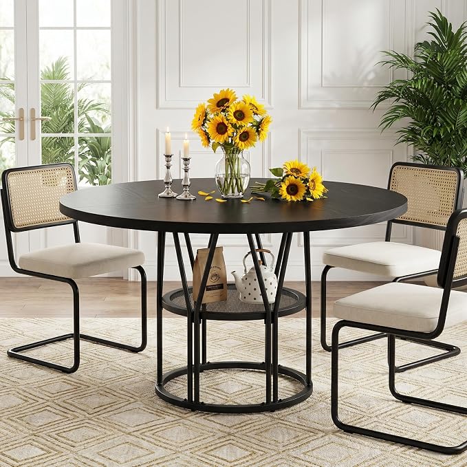 Garvee Round Dinning Table for 4-6 - 47" Circle Dinner Table with Storage Shelf & Sturdy Metal Frame, Modern Breakfast Tea Desk for Kitchen, Living Room, Apartment, Office, Black