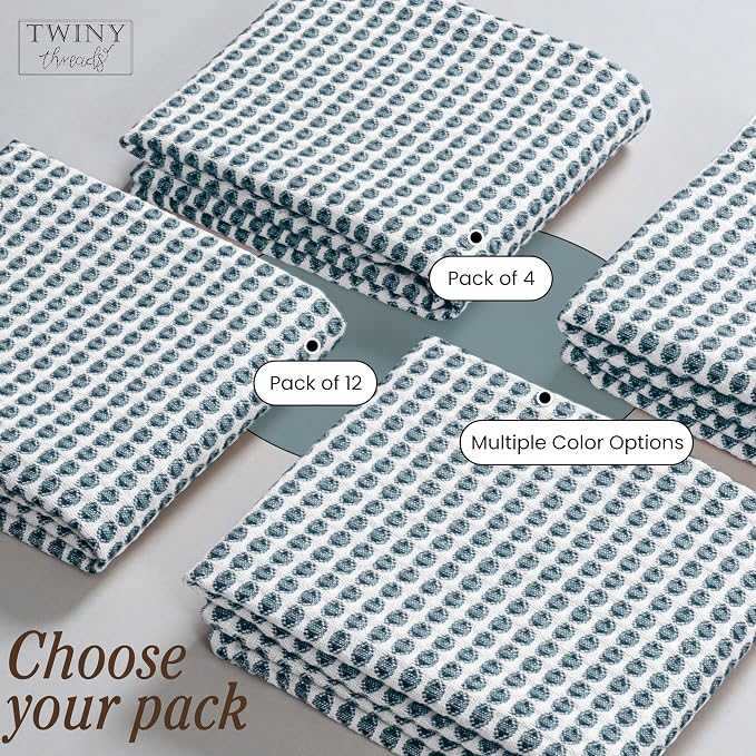 TWINY threads Circle Waffle Kitchen Dish Towels 16x26 Inches, Set of 4, 100% Cotton, Premium Quality, Durable, Waffle Texture, Multi Use Cleaning Cloths, Ideal for Home Kitchens, Hotels, Teal Green