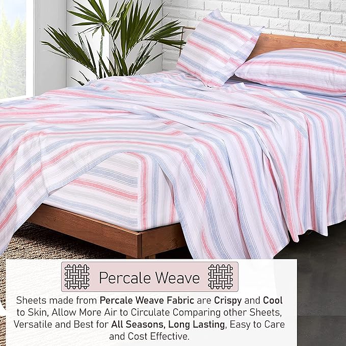 RUVANTI 100% Cotton California King Sheet Sets, 4 Pieces, Soft & Breathable Percale Weave Bedding, Deep Pocket 14", Hotel Standard, Crisp Cool Feel & Durable, Perfect Striped Sheets, Times