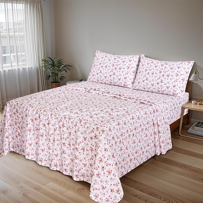 RUVANTI 100% Cotton Full Size Bed Sheets, 4 Pieces, Soft & Breathable Percale Weave Bedding, Deep Pocket 16", Hotel Standard, Crisp Cool Feel, Durable, Perfect Sheet Set Floral, Bouquet