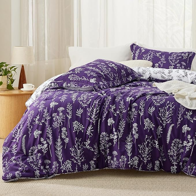 Bedsure Queen Comforter Set - Dark Purple Bed Set, 3 Pieces Cute Floral Bedding, 1 Soft Reversible Botanical Flowers Comforter and 2 Pillow Shams