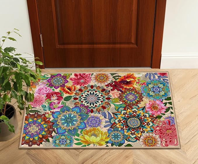 Boho Floral Door Mat 2x3, Colorful Flowers Indoor Entry Rug Non Slip Small Area Rug for Entryway Kitchen Bathroom Front Door Mats Indoor Entrance Washable Doormat Carpet Aesthentic