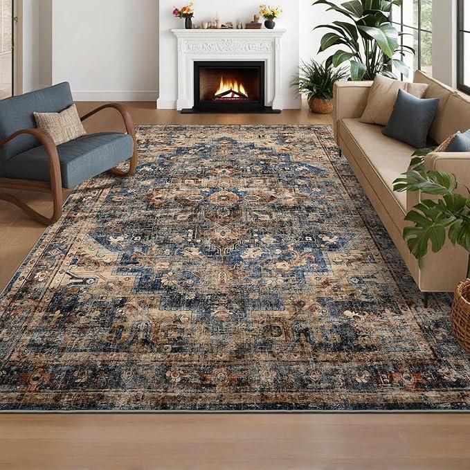 Washable 4x6 Area Rug Boho Vintage Floral Small Carpet Low Pile Soft Bedroom Carpet Non Slip Office Rugs Non Shedding Floor Covers for Nursery Kitchen Dining Living Room Blue Brown