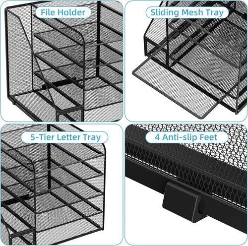 Marbrasse Desk Organizer - 5-Tier Mesh Letter Tray with File Holder | Office Supplies Organizer (Black)
