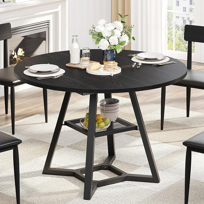 knoworld 43" Round Dining Table for 4, Kitchen Tables Dining Room Circle Dinner Table with Pedestal Metal Frame, Space Saving Wood Industrial Kitchen & Dining Room Tables, Black 43In