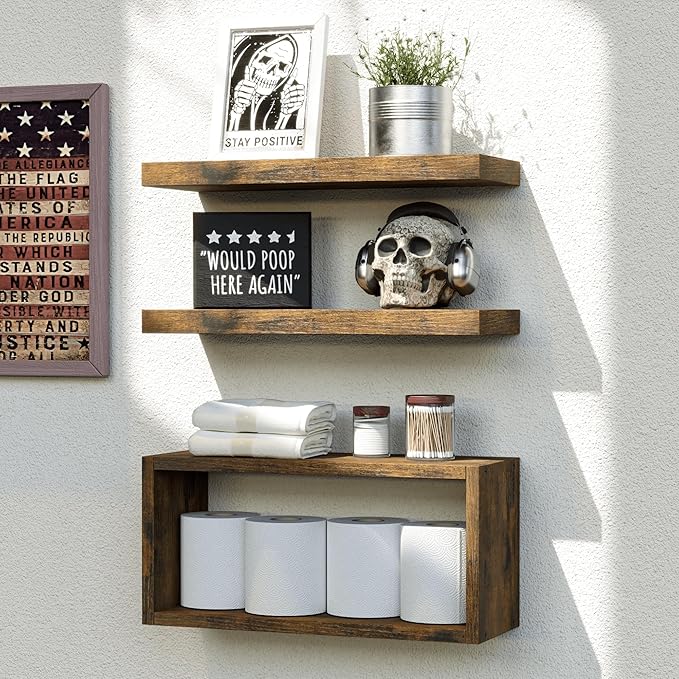 RICHER HOUSE Floating Shelves Set of 3, Modern Bathroom Shelves Wall Mounted Shelves with Invisible Brackets Over Toilet, Rustic Wall Shelves for Bathroom Bedroom, Living Room, Kitchen - Brown