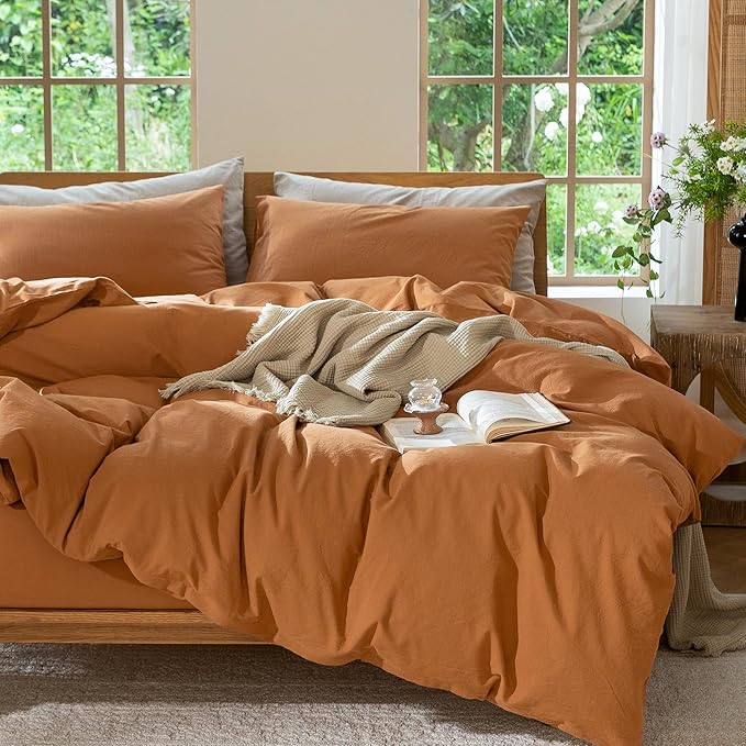 MooMee Bedding Duvet Cover Set 100% Washed Cotton Linen Like Textured Breathable Durable Soft Comfy (Solid Burnt Orange, Oversized Queen 98"x98")