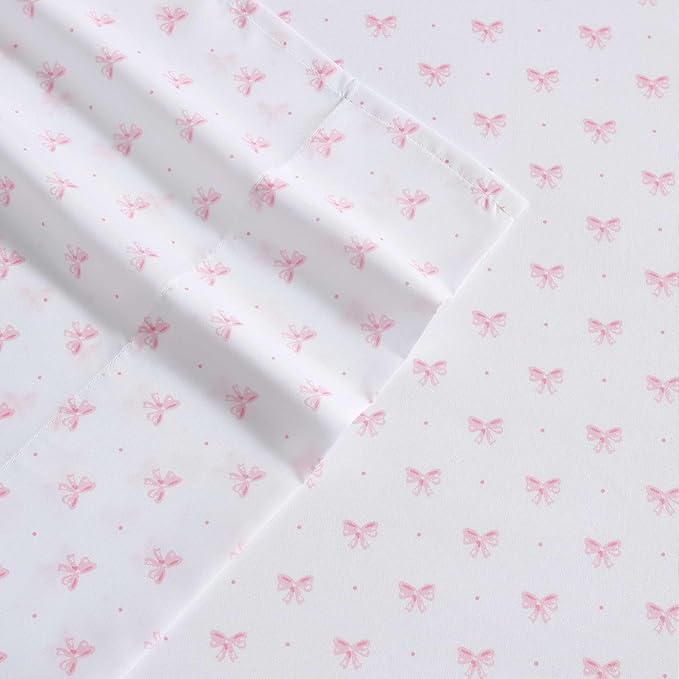 Laura Ashley Kids - Twin Sheet Set, Soft & Wrinkle-Resistant Toddler Bedding Set, Deep Pockets, Girl Bed Sheets with Matching Fitted Sheet & Pillowcase (Lovely Bows Pink)