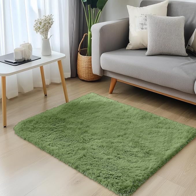 OLANLY 2x3 Machine Washable Small Bedside Rug, Soft Fluffy Shaggy Entryway Throw Rugs for Bedroom, Living Room, Indoor Floor Carpet for Kids Girls and Boys, Home Decor Aesthetic, Green