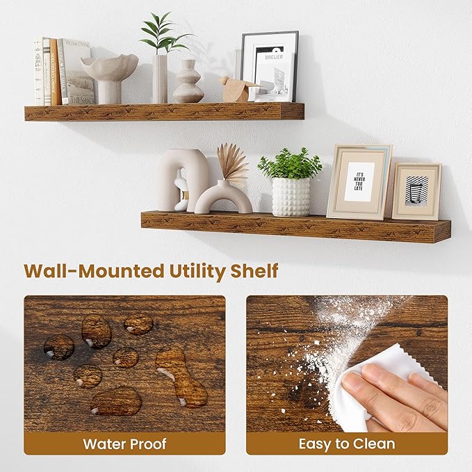Fun Memories Floating Shelves for Room Wall, 36 Inch Long Shelf Set of 2， Hanging Wood Shelves for Storage & Display, Rustic Brown