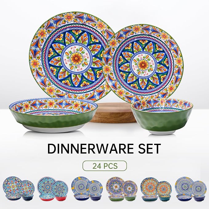 24 Pieces Dinnerware Sets, Ceramic Plates and Bowls Set, Microwave and Dishwasher Safe, Scratch Resistant, Bohemian Style Dishware Set, Service for 6
