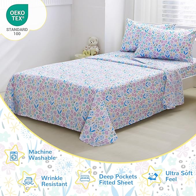 Viviland 4 Pieces Girls Purple Floral Full Sheet Set - Soft Microfiber Fitted Flat Sheets & Pillowcases - Purple Colorful Flower Print Bedding Sets - for Kids & Toddlers