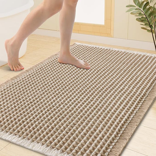 Smiry Waffle Bath Mat 40x32, Extra Soft Absorbent Bathroom Rugs, Non Slip Machine Washable Quick Dry Bath Rugs for Bathroom Floor, Tub, Shower, Home Decor Accessories, Brown & Cream