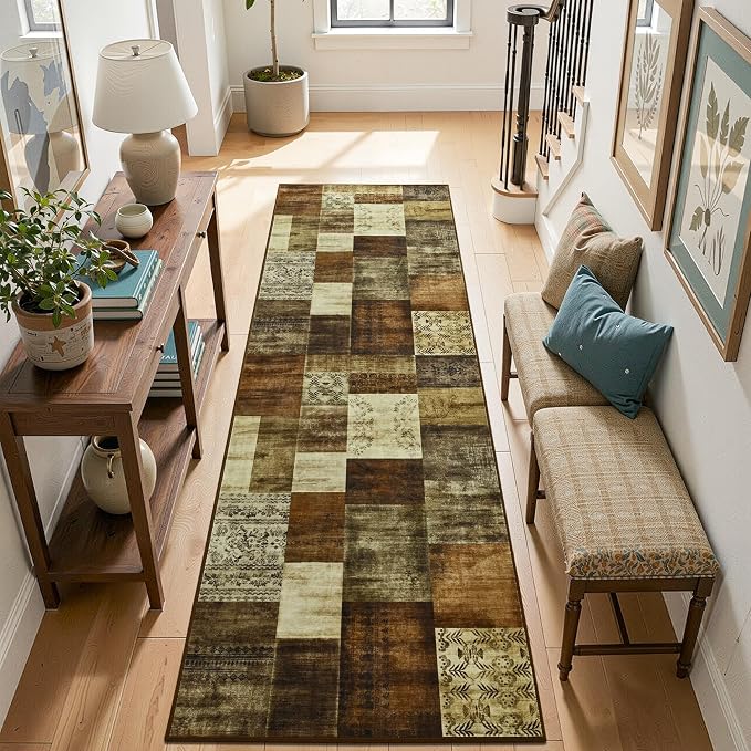 Tepook Modern Runner Rug for Living Room, 2x6 Washable Rugs for Bedroom Hallway, Geometric Patchwork Runner Rug Non-Slip Indoor Throw Carpet for Entryway Kitchen Office Home Decor, Brown