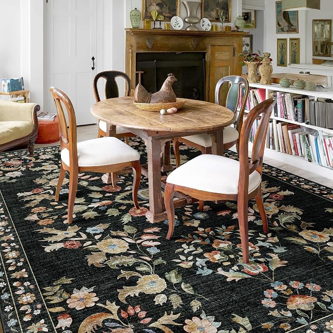 MUJOO 9x12 Area Rug Washable,Large Floral Rugs for Living Room Bedroom Dining Room,Boho Indoor Floor Rug Non Slip Throw Carpet Low Pile Vintage Black