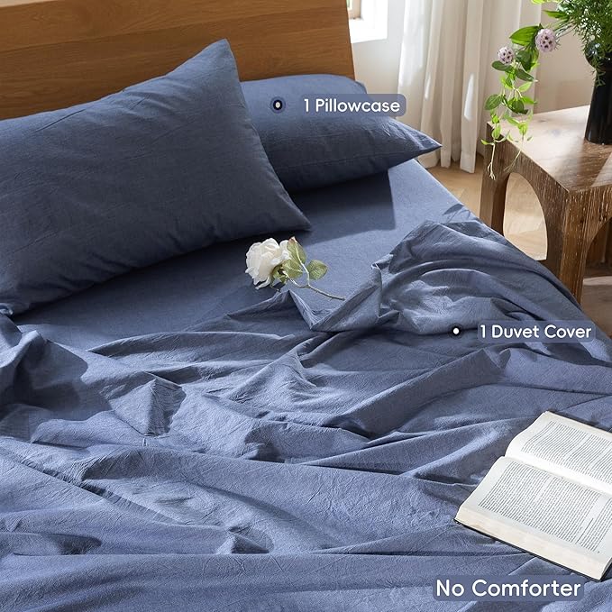 MooMee Bedding Duvet Cover Set 100% Washed Cotton Linen Like Textured Breathable Durable Soft Comfy (Heathered Blue, Twin 68"x90")
