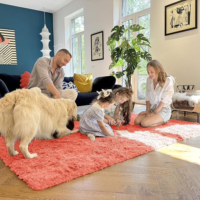 OLANLY 2x6 Machine Washable Runner Rugs for Hallway, Soft Fluffy Shaggy Bedside Rugs for Bedroom, Living Room, Indoor Floor Carpet for Kids Girls and Boys, Home Decor Aesthetic, Coral Red