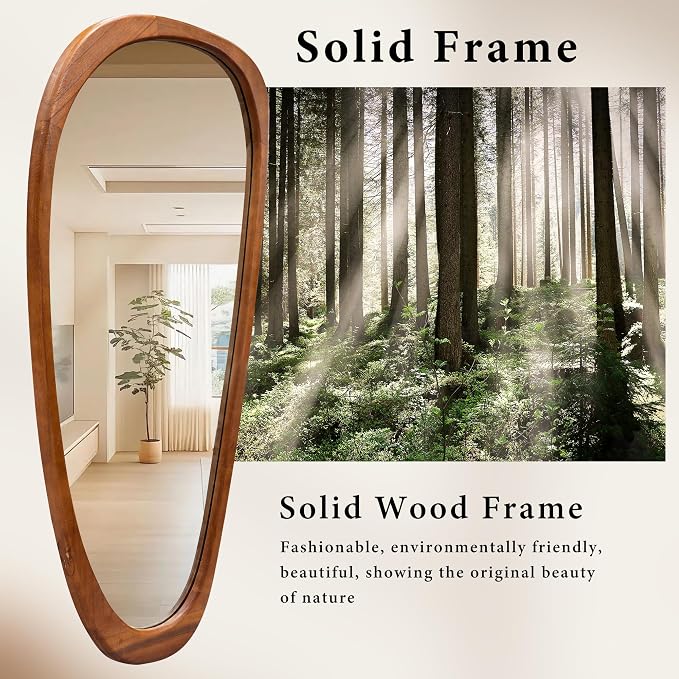 60''x22'' Asymmetrical Mirror with Wood Frame, Small Irregular Wavy Wall Mirror, Odd Shaped Mid Century Modern Mirror Decor for Bedroom Living Room Entryway Hall