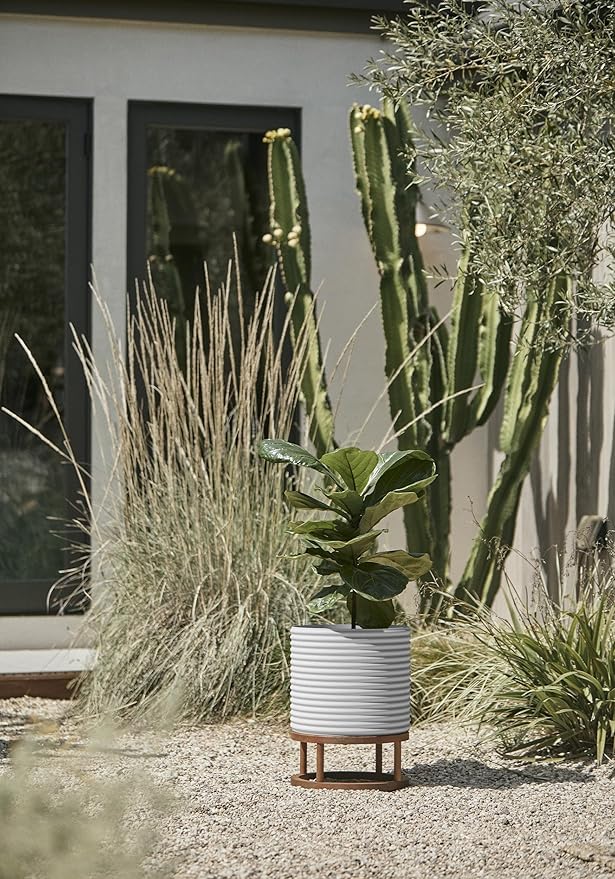 Veradek Mod Series Raised 13" Short Planter for Patio & Backyard | Durable Plastic-Stone Material w/Wooden Stand | Modern Décor for Plants & Flowers