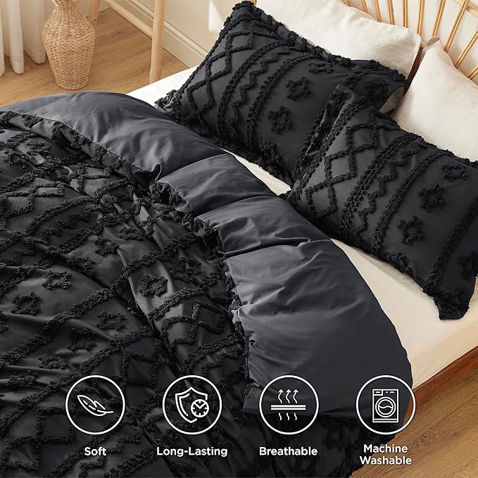Bedsure Boho Duvet Cover Queen Size, Soft & Comfortable Elegant Design Boho Bedding for Decoration, Machine Washable Comforter Cover for All Seasons,Includes 1 Duvet Cover & 2 Pillow Shams,Black